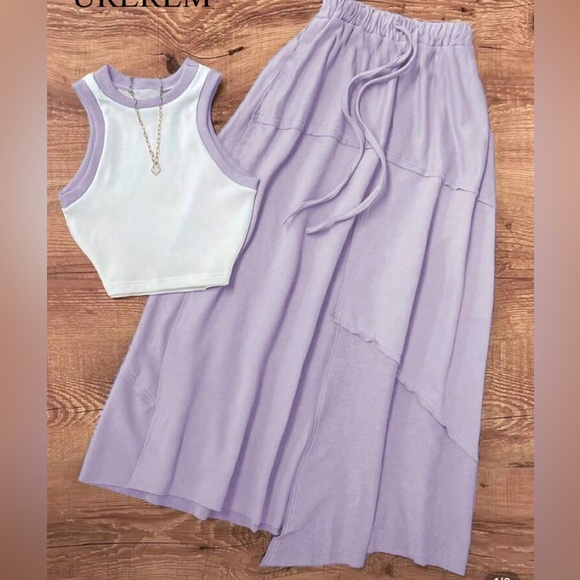 Dresses & Skirts - Lavender Tiered Maxi Skirt Set with White Crop Tank - Women